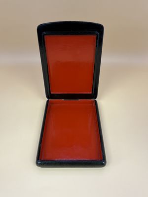 Wood. Russia. Lacquer Box w/ Dmytro H. Levystsky Painting on Lid. Two Women in Green and Red Dresses. Attached Lid. Red Interior. 3.5"W