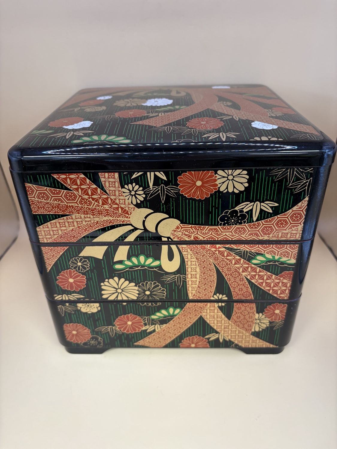 Jewelry Box. Japan. OMC Japan. Triple Stacking Bento / Jewelry Box. Black Lacquer w/Red, Green, &amp; Gold Flowers. 7&quot;H