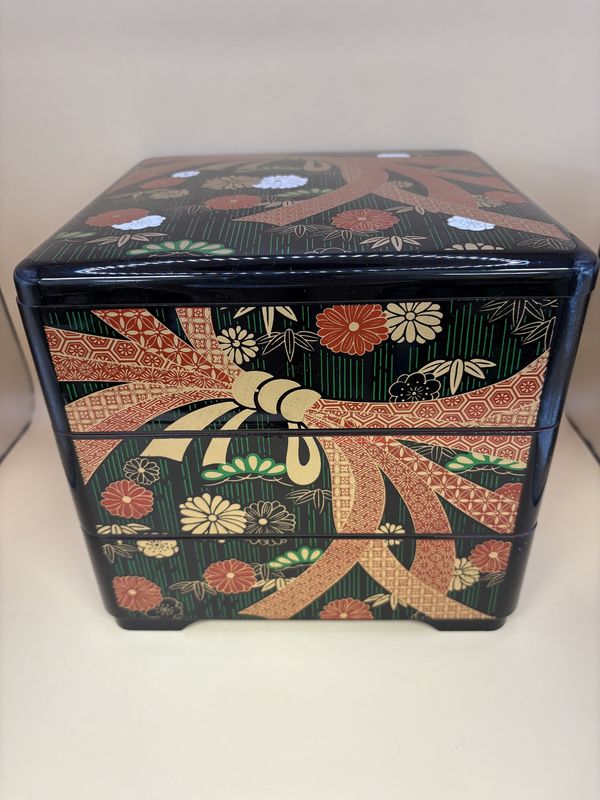 Jewelry Box. Japan. OMC Japan. Triple Stacking Bento / Jewelry Box. Black Lacquer w/Red, Green, &amp; Gold Flowers. 7&quot;H