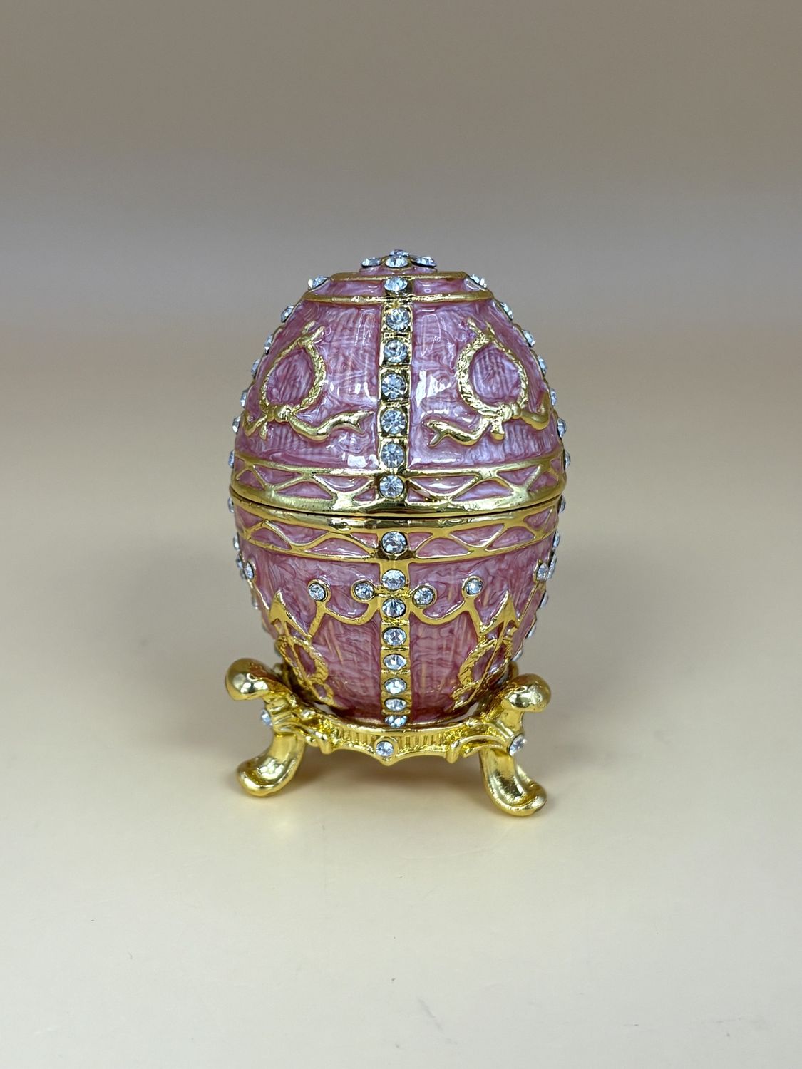 Enamel. Collectible Miniature Egg. Pink w/Gold Trim &amp; Rhinestone Accents. 2&quot;H