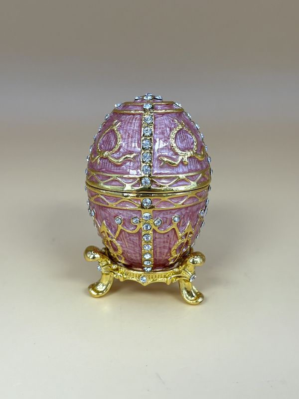 Enamel. Collectible Miniature Egg. Pink w/Gold Trim &amp; Rhinestone Accents. 2&quot;H