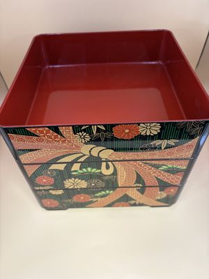 Jewelry Box. Japan. OMC Japan. Triple Stacking Bento / Jewelry Box. Black Lacquer w/Red, Green, &amp; Gold Flowers. 7"H