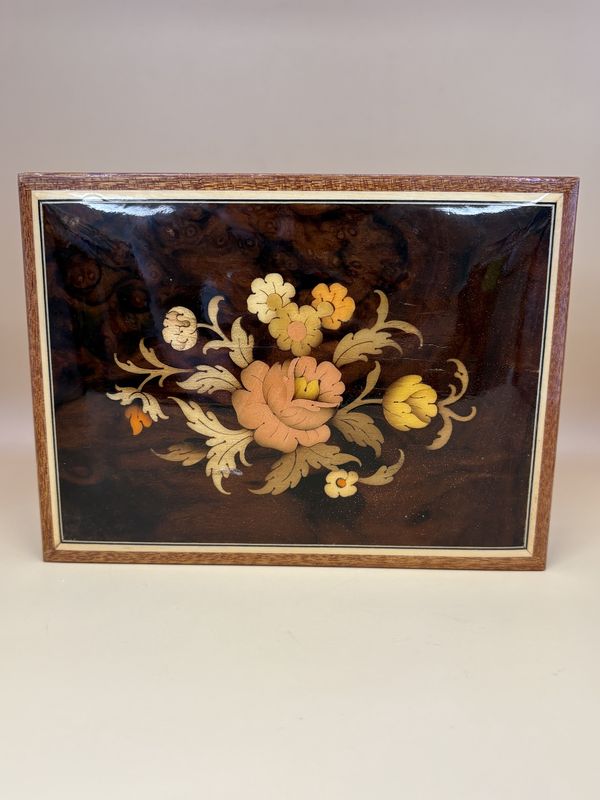 Jewelry/Music Box. Italy. Sorrento. Dark Brown w/Light Brown Flowers &amp; Trim. Glossy Finish. Red Velveteen Interior. 7&quot;W