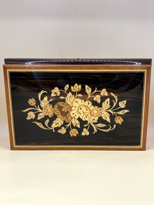 Jewelry/Music Box. Italy. Sorrento. Dark Brown w/Light Brown Flowers &amp; Trim. Glossy Finish. Gold Velveteen Interior. Plays Arrivederci Roma. 8&quot;W