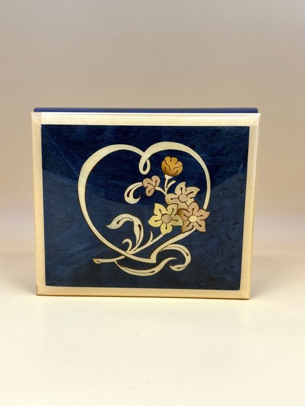 Jewelry/Music Box. Italy. Inlaid w/Heart &amp; Flowers. Blue. 4.5&quot;W
