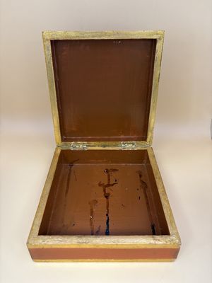 Wood. Italy. Trinket Box. Gold &amp; Bronze Coloring w/ Image of Ornate Pedestal Bowl. Made in Italy. 5.5"W