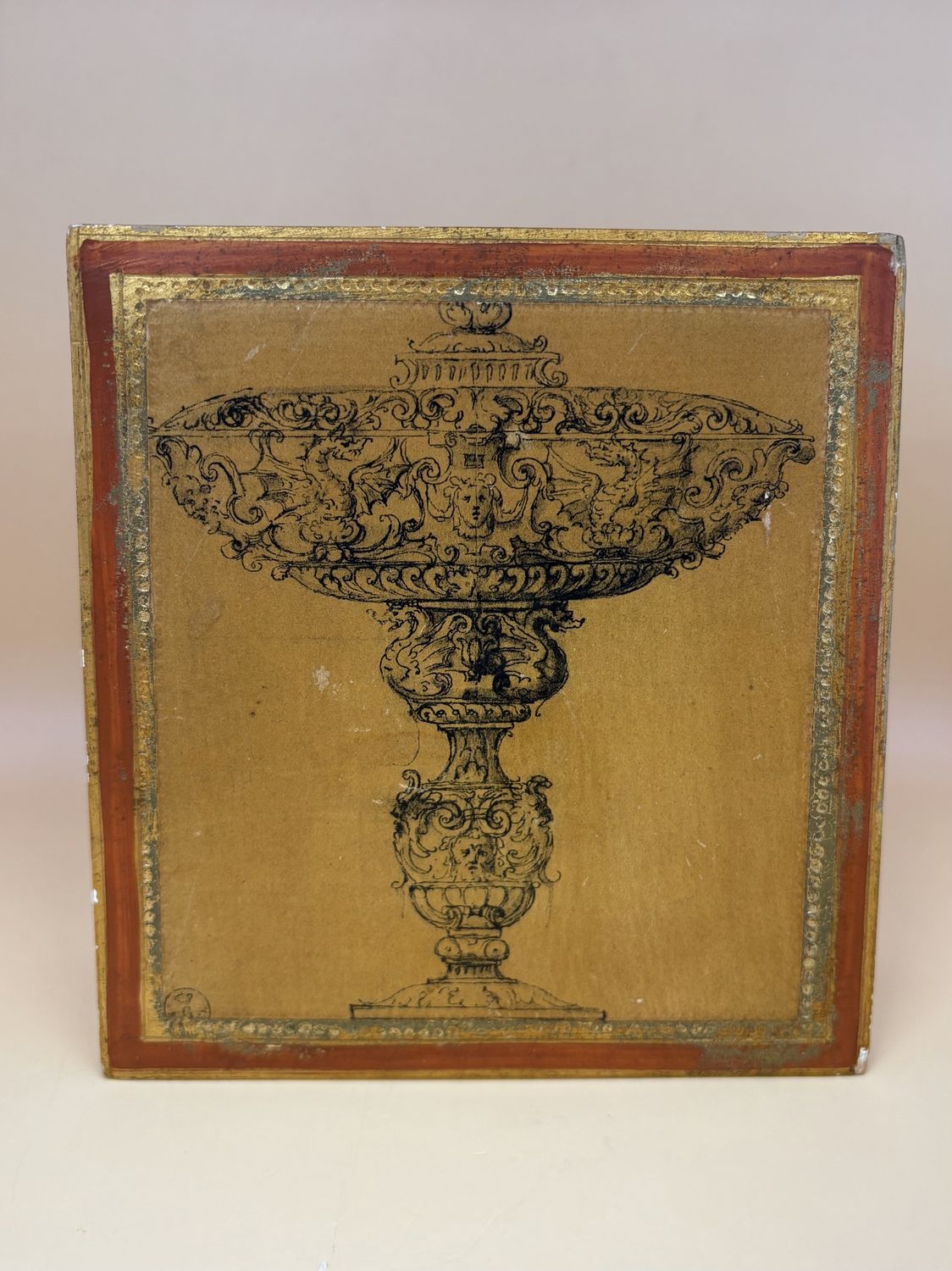 Wood. Italy. Trinket Box. Gold &amp; Bronze Coloring w/ Image of Ornate Pedestal Bowl. Made in Italy. 5.5&quot;W