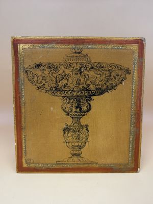 Wood. Italy. Trinket Box. Gold &amp; Bronze Coloring w/ Image of Ornate Pedestal Bowl. Made in Italy. 5.5"W