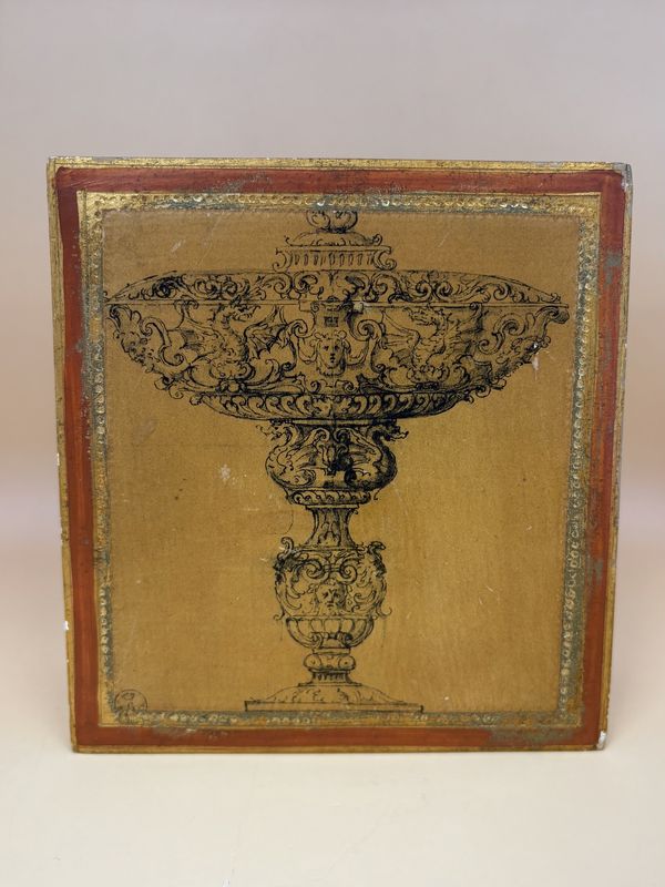 Wood. Italy. Trinket Box. Gold &amp; Bronze Coloring w/ Image of Ornate Pedestal Bowl. Made in Italy. 5.5&quot;W