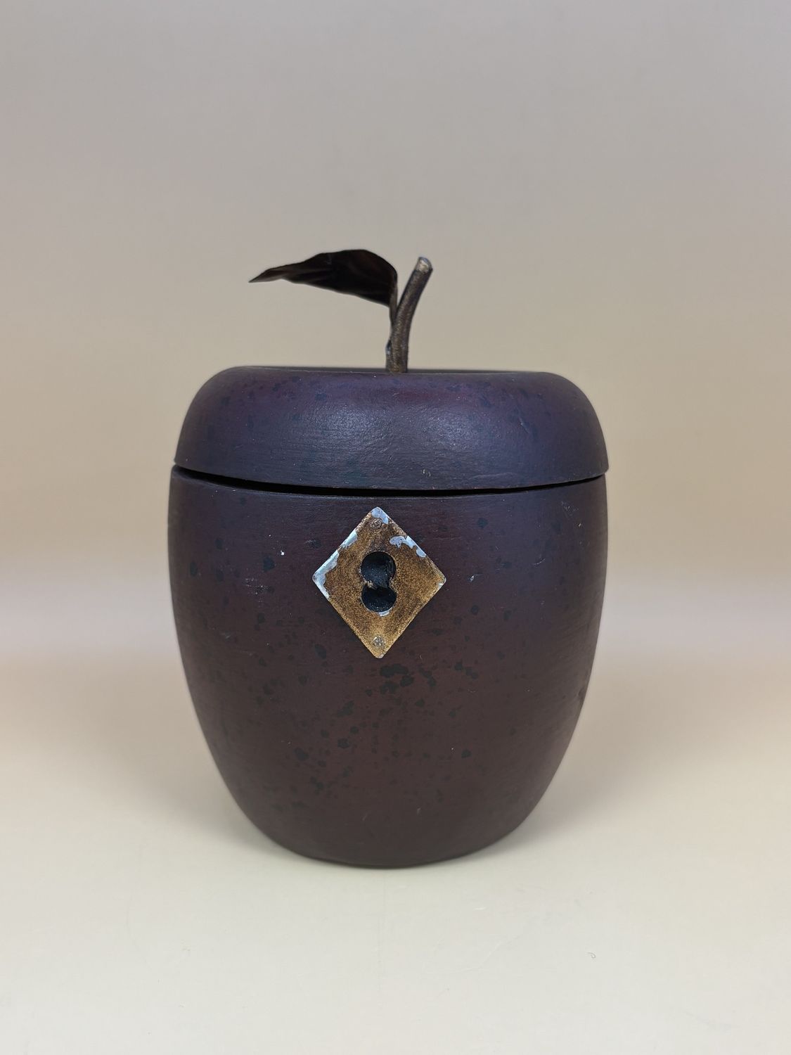 Decor. Philippines. Antique Wood &amp; Metal Apple-shaped Box. 5.5&quot;H