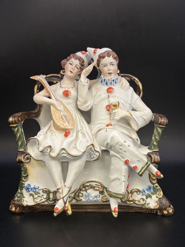 Figurine. Germany. WKC Graefenthal. [Rare] Early 1900s Male &amp; Female Jesters on Bench. 6&quot;W