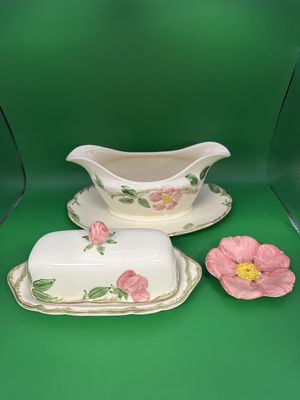 Dinnerware Set. USA. Franciscan. Desert Rose. 4-Piece Set (Gravy Boat, Butter Dish w/Lid, &amp; Flower Petal)