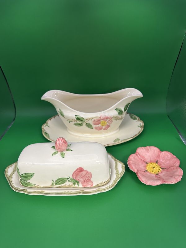 Dinnerware Set. USA. Franciscan. Desert Rose. 4-Piece Set (Gravy Boat, Butter Dish w/Lid, &amp; Flower Petal)