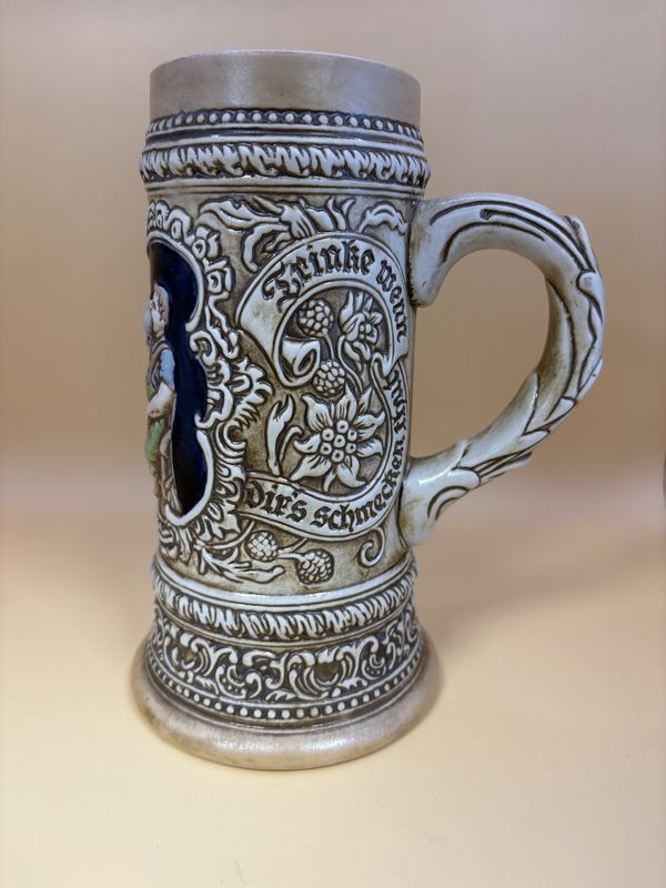 Stein. Brazil. Ceramarte. &quot;Spar Nicht&quot;. Woman &amp; 2 Men at a Table. 7.5&quot;H