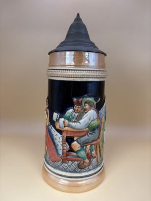 Stein. West Germany. Cottage with Two Men and a Woman with Pewter Lid. 9.5"H