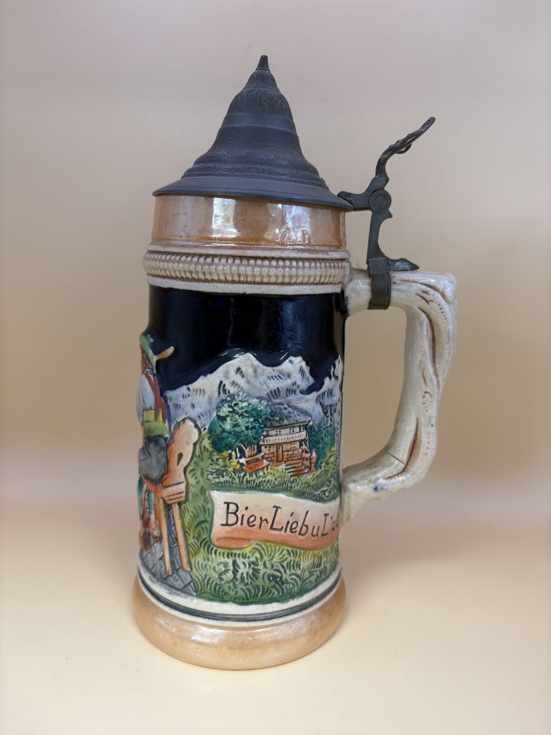 Stein. West Germany. Cottage with Two Men and a Woman with Pewter Lid. 9.5&quot;H