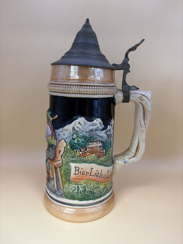 Stein. West Germany. Cottage with Two Men and a Woman with Pewter Lid. 9.5&quot;H