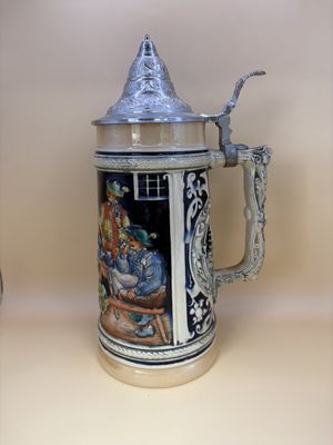 Stein. Germany. Three Men and a Woman with Pewter Lid. 11"H