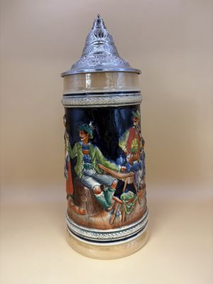 Stein. Germany. Three Men and a Woman with Pewter Lid. 11"H