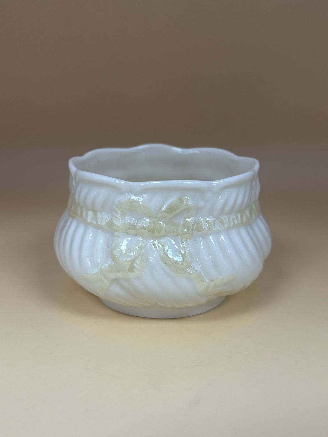 Porcelain. Ireland. Belleek. Sugar Bowl/Creamer with Yellow Ribbon.  1926-1946. 3.5&quot;W