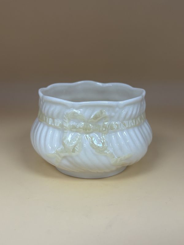 Porcelain. Ireland. Belleek. Sugar Bowl/Creamer with Yellow Ribbon.  1926-1946. 3.5&quot;W