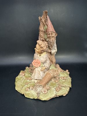 Sculpted Figure. USA. Tom Clark. Sugar &amp; Spice. Woman Sitting Against Tree, w/Rose in Lap &amp; Gnome Behind Her (green leaves). 1984. 6.5"H
