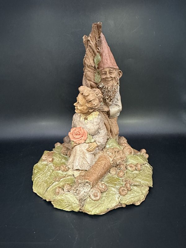 Sculpted Figure. USA. Tom Clark. Sugar &amp; Spice. Woman Sitting Against Tree, w/Rose in Lap &amp; Gnome Behind Her (green leaves). 1984. 6.5&quot;H