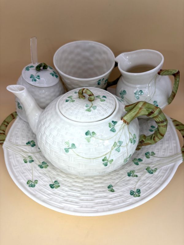 Porcelain. Ireland. Belleek. Shamrock (Woody Vine Accent). 5 Pieces: Teapot w/Lid, Plate, &amp; Matching Teacup, Jam Pot, &amp; Sugar Bowl [6th Mark/Green. 1965-1980]
