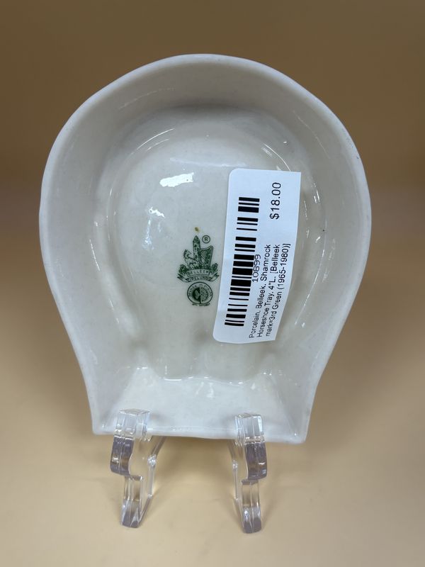 Porcelain. Ireland. Belleek. Shamrock Horseshoe Tray.  4"L. [Belleek mark=3rd Green (1965-1980)]