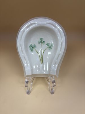 Porcelain. Ireland. Belleek. Shamrock Horseshoe Tray.  4"L. [Belleek mark=3rd Green (1965-1980)]