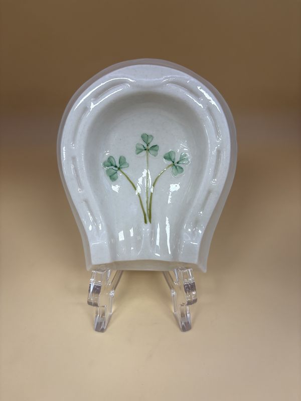 Porcelain. Ireland. Belleek. Shamrock Horseshoe Tray.  4&quot;L. [Belleek mark=3rd Green (1965-1980)]