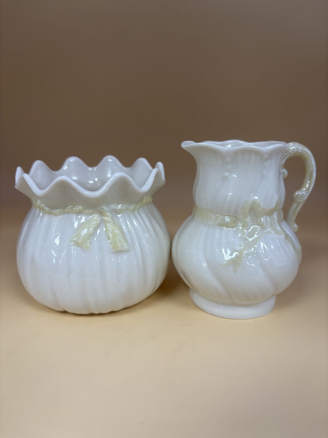 Porcelain. Ireland. Belleek. Sugar &amp; Creamer Set w/Yellow Bow