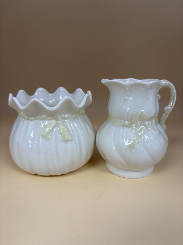Porcelain. Ireland. Belleek. Sugar &amp; Creamer Set w/Yellow Bow