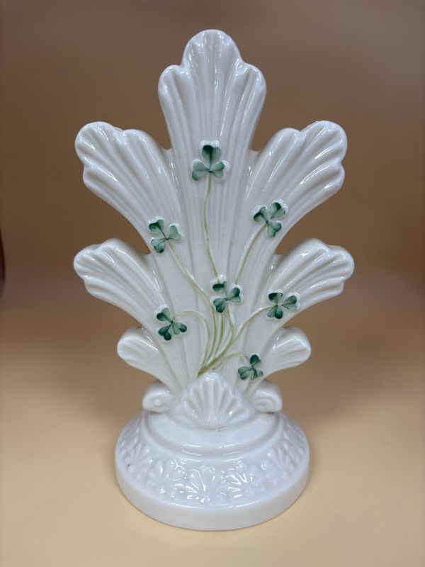 Porcelain. Ireland. Belleek. Spill Vase. Shamrock Design. 6.5&quot;H [6th Mark/Green: 1965-1980]