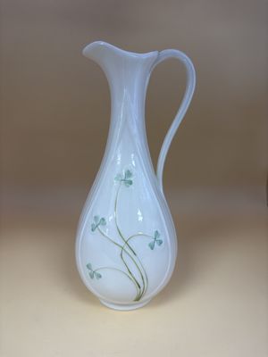 Porcelain. Ireland. Belleek. Shamrock Pitcher Vase with Cream Colored Handle. 7"H