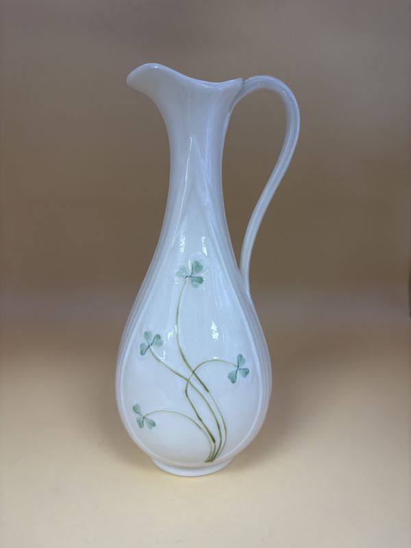 Porcelain. Ireland. Belleek. Shamrock Pitcher Vase with Cream Colored Handle. 7&quot;H