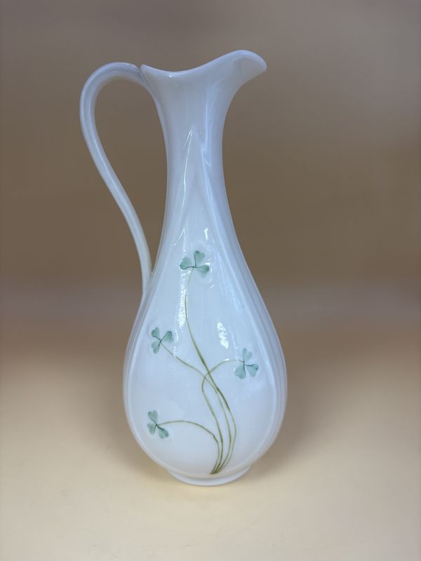 Porcelain. Ireland. Belleek. Shamrock Pitcher Vase with Cream Colored Handle. 7"H