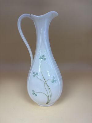 Porcelain. Ireland. Belleek. Shamrock Pitcher Vase with Cream Colored Handle. 7"H