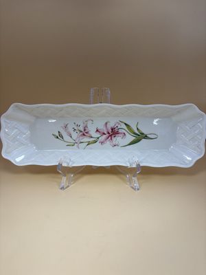 Porcelain. Ireland. Belleek. Pink Tiger Lilly Trellis Tray. 10"L Blue Stamp.