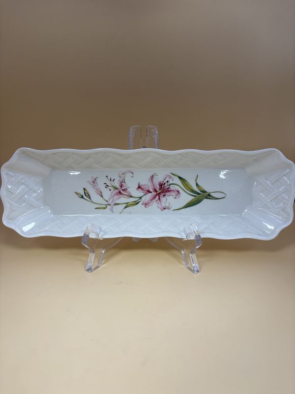 Porcelain. Ireland. Belleek. Pink Tiger Lilly Trellis Tray. 10&quot;L Blue Stamp.