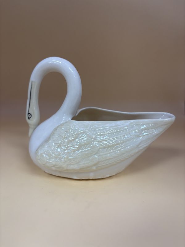 Porcelain. Ireland. Belleek.  Swan Dish. Luster Pearl Yellow.  6&quot;L [6th Mark/Green: 1965-1980]