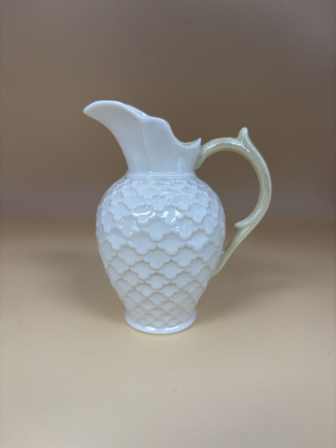 Porcelain. Ireland. Belleek. Luster Pearl Yellow Creamer. Rathmore. 4&quot;H [6th Mark/Green: 1965-1980]