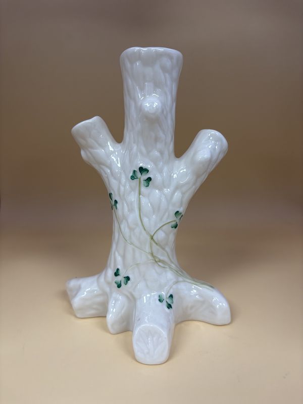 Porcelain. Ireland. Belleek. Tree Trunk (3-Branch) Vase with Shamrock Pattern. 6&quot;H [6th Mark/Green: 1965-1980]