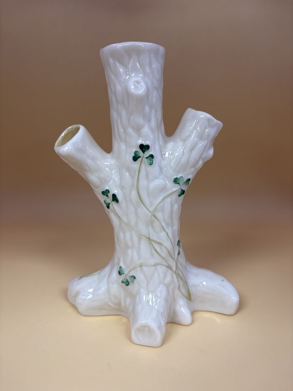 Porcelain. Ireland. Belleek. Tree Trunk (3-Branch) Vase with Shamrock Pattern. 6"H [6th Mark/Green: 1965-1980]