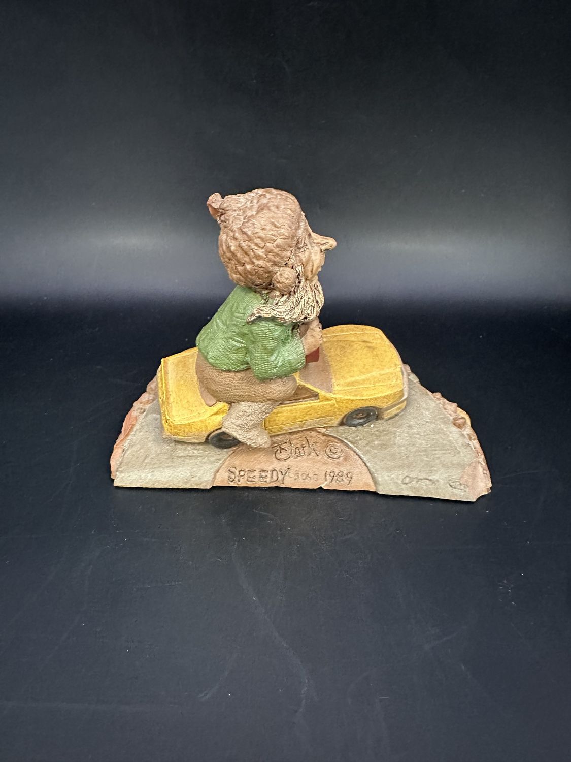 Sculpted Figure. USA. Tom Clark. Speedy. Gnome Driving a Yellow Race Car. 1989. 3.5&quot;H