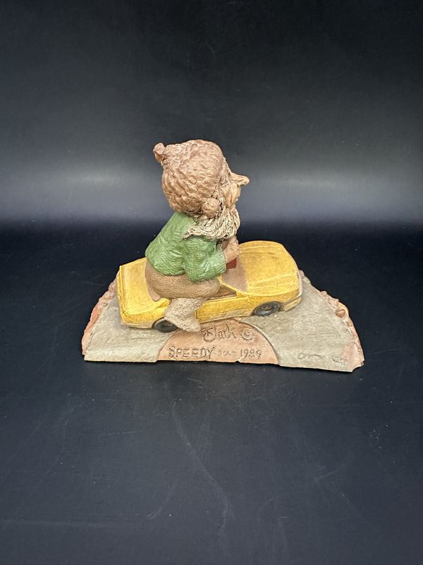 Sculpted Figure. USA. Tom Clark. Speedy. Gnome Driving a Yellow Race Car. 1989. 3.5&quot;H