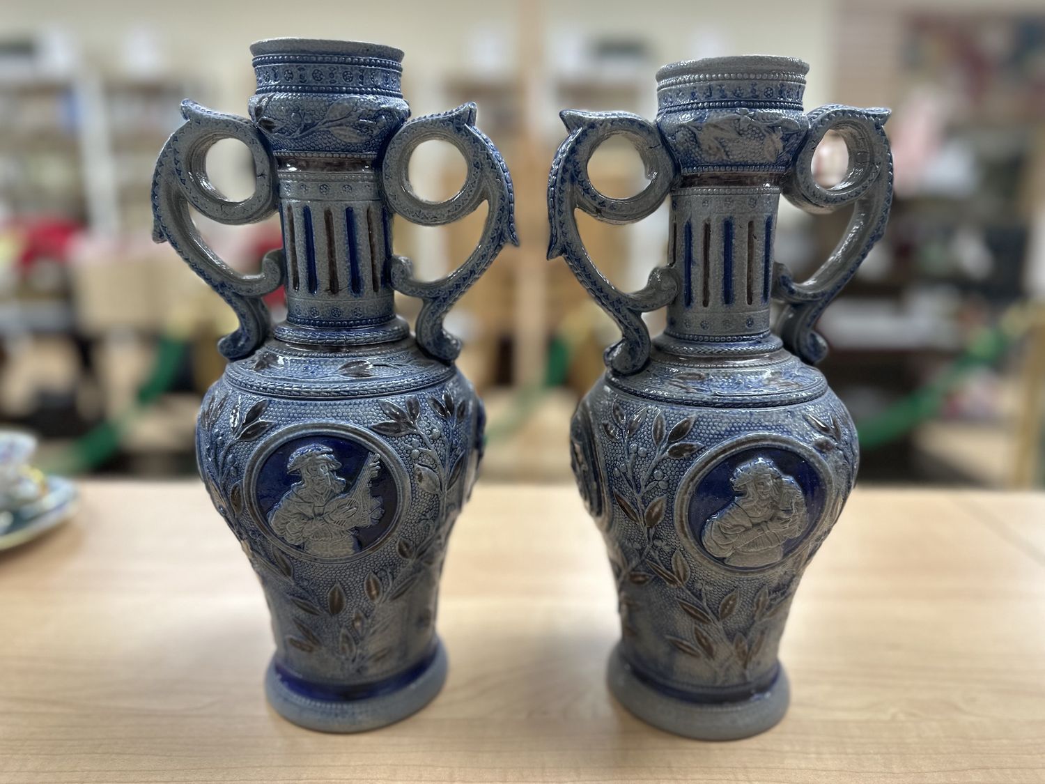 Ceramic. USA. Antique Decorative 2-Handled Vases. Ornate Design w/Pictures in Relief. Blue &amp; Gray (Set of 2)