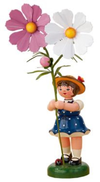 Figurine. Germany. Hubrig. Flower Child Girl with Garden Cosmos (NEW). Blue Dress. 9.4&quot;H