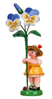 Figurine. Germany. Hubrig. Flower Child Girl with Tufted Pansies (NEW). Yellow Dress. 4.3&quot;H