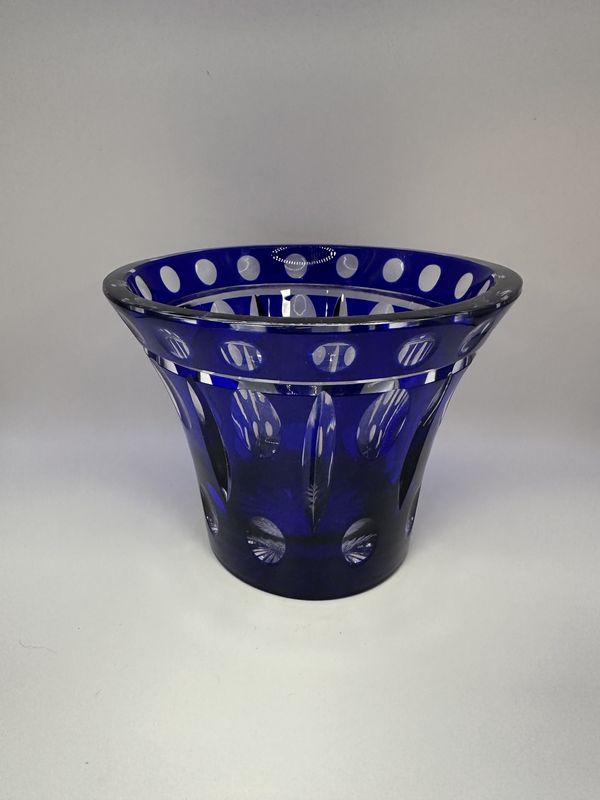 Crystal. Czech Republic. Flower Pot. Cobalt Blue, Cut-to-Clear. 6.25&quot;W x 5&quot;H